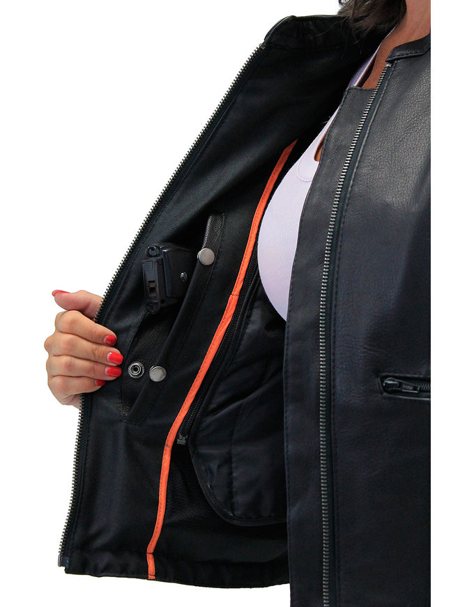 Women's Eyelet Lace Concealed Pocket Black Leather Vest #VL1038EYGK - Jamin  Leather®