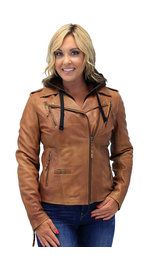 Unik Women's Light Brown Hoodie Motorcycle Jacket #L68411HN