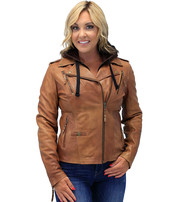 Unik Women's Light Brown Hoodie Motorcycle Jacket #L68411HN