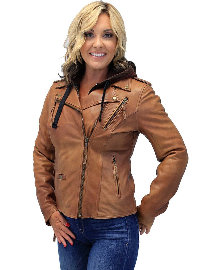 Unik Women's Light Brown Hoodie Motorcycle Jacket #L68411HN