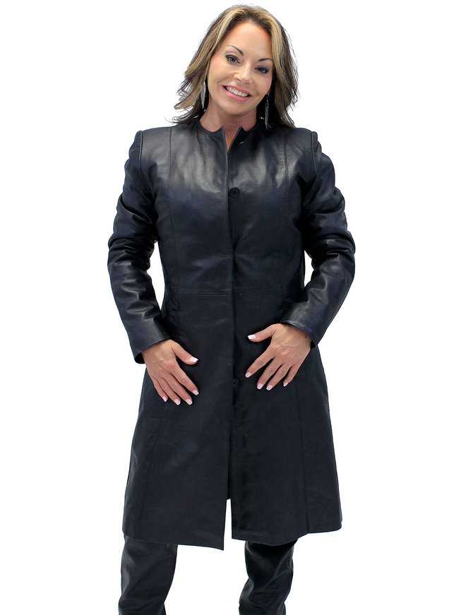 Jamin Leather® Collar Free Long Lambskin Leather Coat for Women #L1502398ZK