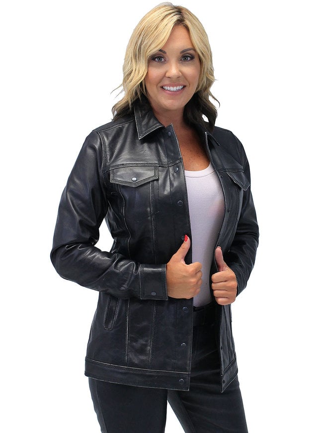 Vintage Black Women's Long Leather Jean Jacket #LA2010LZK - Jamin Leather®