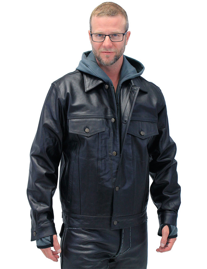 Jamin Leather® Men's Hoodie Leather Jean Jacket w/Concealed  Pockets & Hoodie #M1412HK