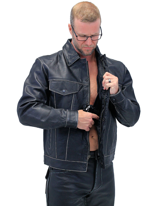 Black Vintage Leather Jean Jacket with Concealed Pockets #MA6643K ...