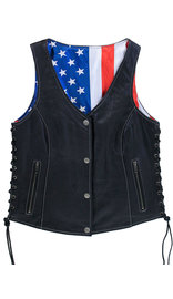 Unik USA Flag Lined Women's Side Lace Concealed Pocket Leather Vest #VL6890USA