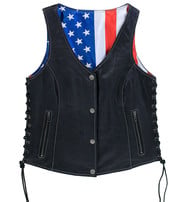 Unik USA Flag Lined Women's Side Lace Concealed Pocket Leather Vest #VL6890USA