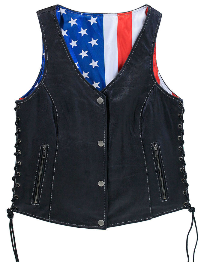 Unik USA Flag Lined Women's Side Lace Concealed Pocket Leather Vest #VL6890USA