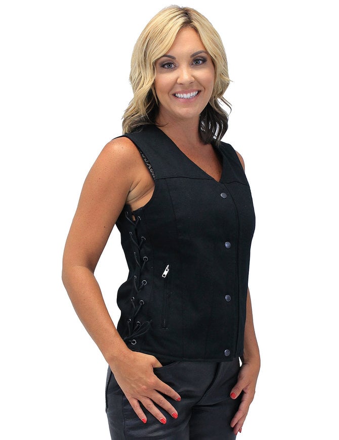 Heavy Denim Women's Side Lace Concealed Pocket Biker Vest #VLC519GLK