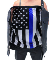 Unik Thin Blue Line Flag Lining Concealed Pocket Leather Club Vest #VM66705GU