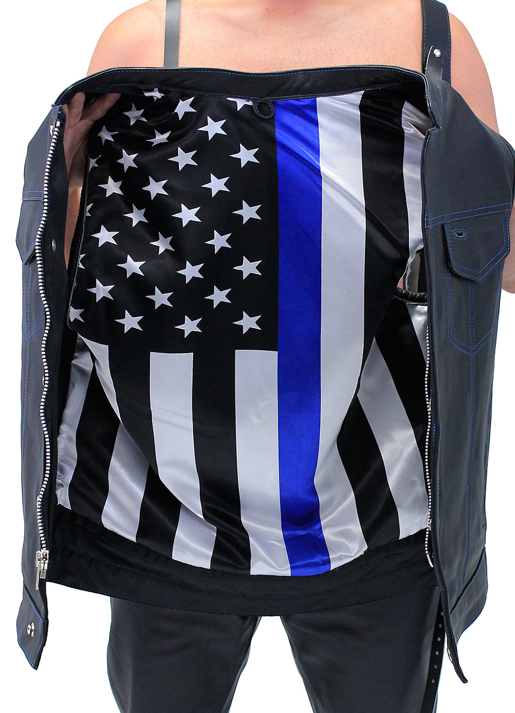 Thin Blue Line Flag Lining Leather Club Vest #VM66705GU - Jamin