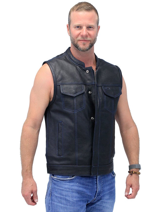 Unik Thin Blue Line Flag Lining Concealed Pocket Leather Club Vest #VM66705GU