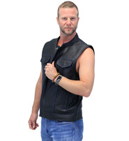 Unik Thin Blue Line Flag Lining Concealed Pocket Leather Club Vest #VM66705GU