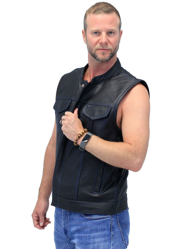 Unik Thin Blue Line Flag Lining Concealed Pocket Leather Club Vest #VM66705GU