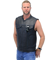 Unik Thin Blue Line Flag Lining Concealed Pocket Leather Club Vest #VM66705GU