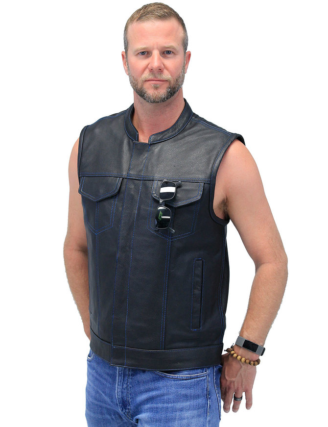 Unik Thin Blue Line Flag Lining Concealed Pocket Leather Club Vest #VM66705GU