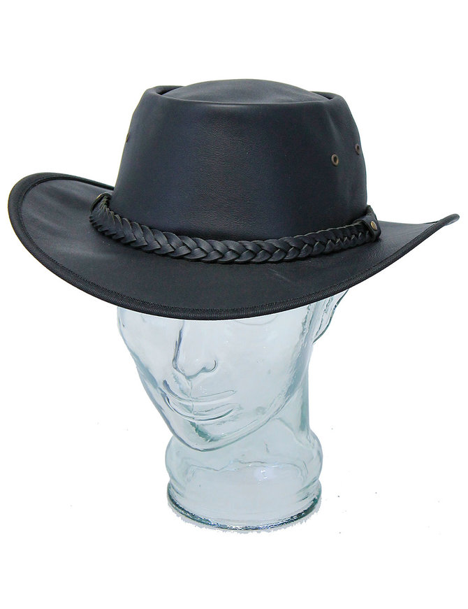 Black Crushable leather Outback Hat #H92310K
