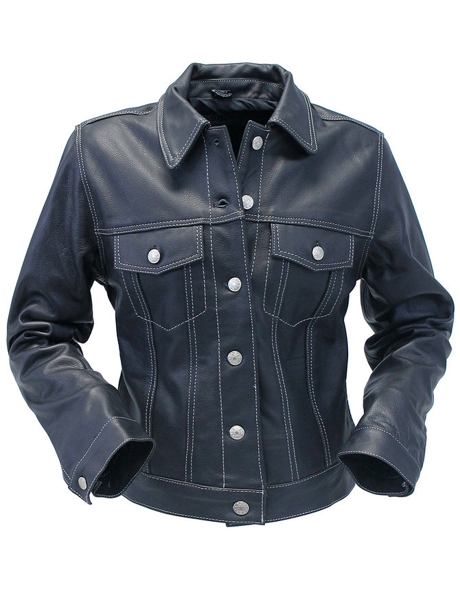 Women's Leather Jean Jacket w/Gray Stitching #L291WK - Jamin Leather®