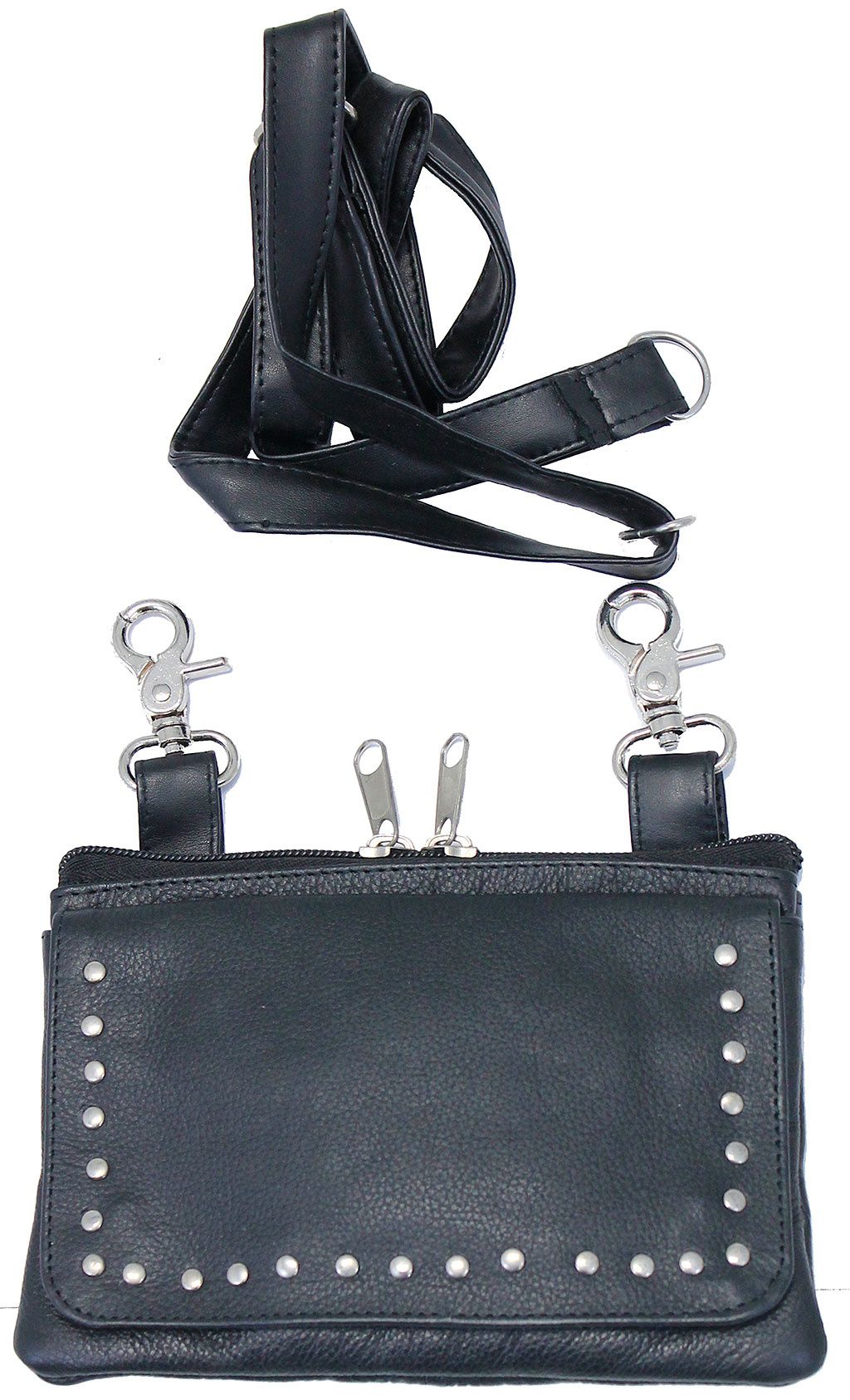 stud trim black leather hip klip bag with removabl