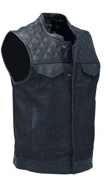 Unik Black Denim Leather Quilt Concealed Pockets Club Vest #VM6676DGQK