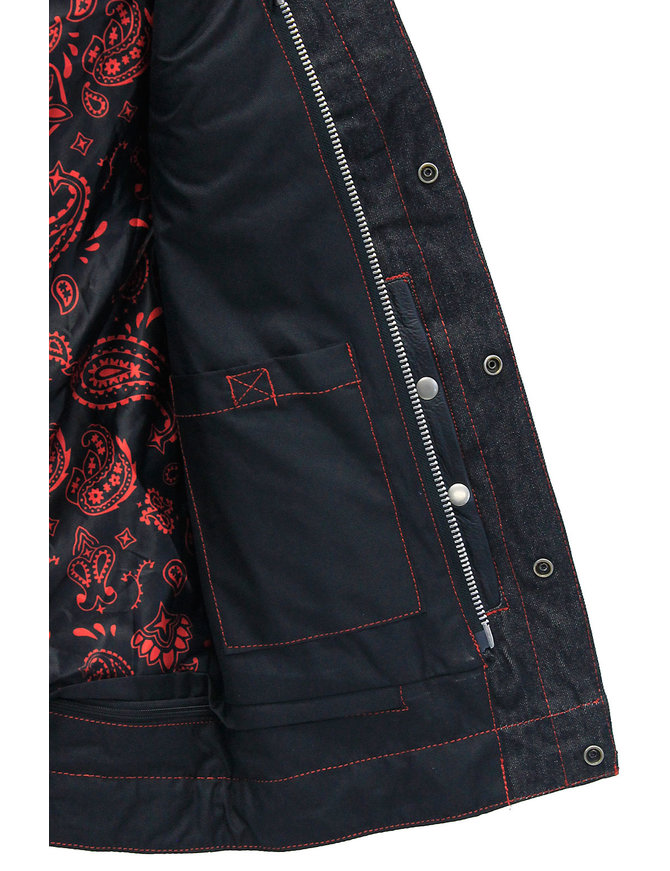 Unik Red Stitch Denim Leather Quilt Concealed Pockets Vest #VM6678DGQR