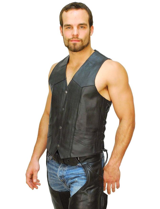 Men's Concealed Pocket Buffalo Leather Vest w/Side Lacing #VM803LK