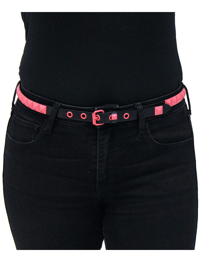 Single Row Narrow Pink Pyramid Studded Leather Belt - SPECIAL