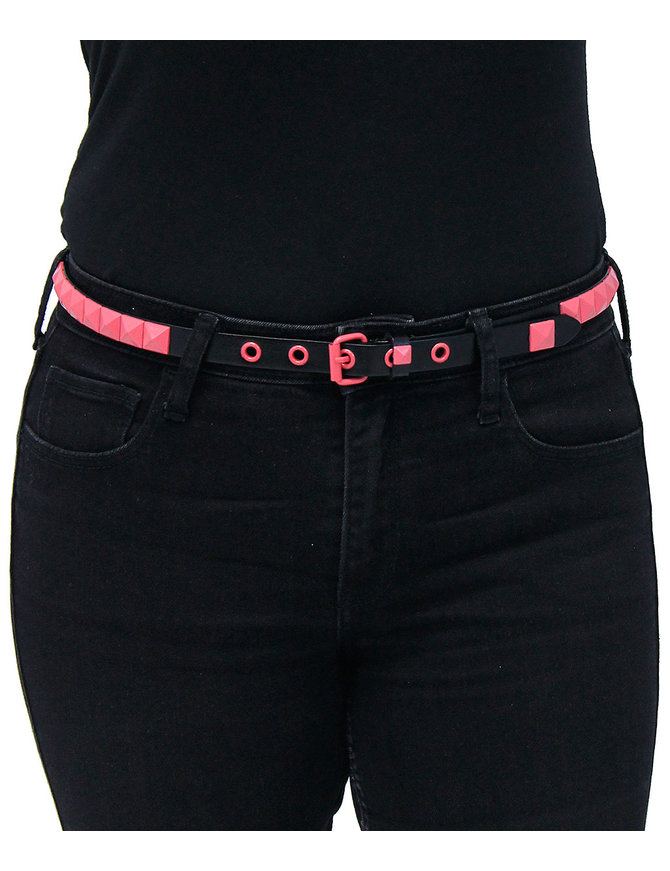Single Row Narrow Pink Pyramid Studded Leather Belt - SPECIAL #BTBY138PP