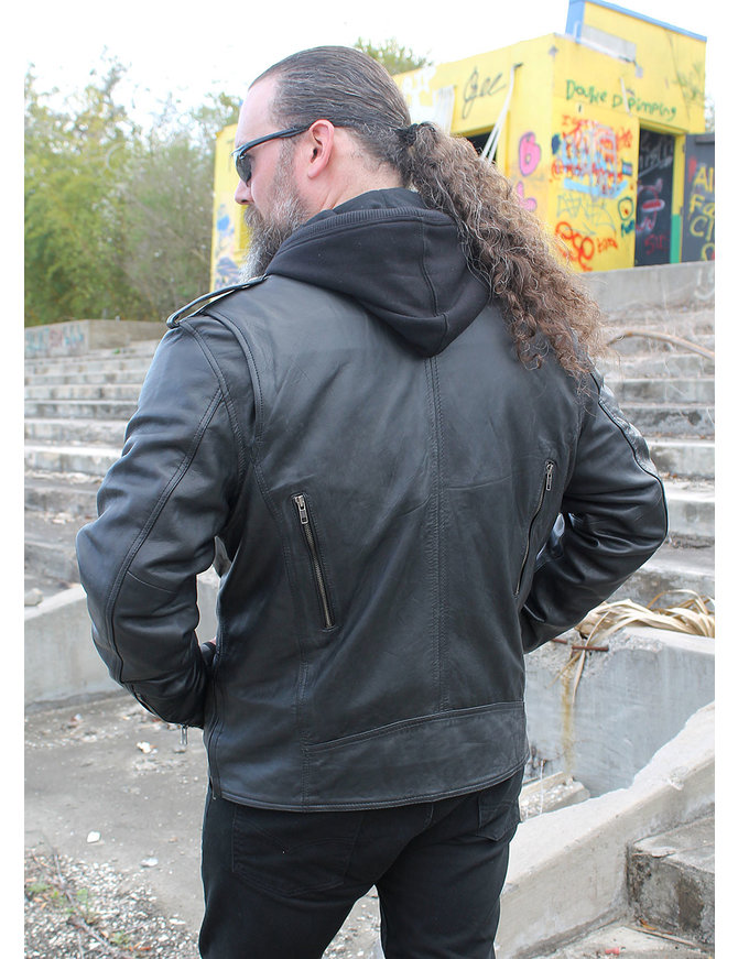 Men's Soft Black Leather Motorcycle Jacket w/Hoodie #M6925VHGK - Jamin  Leather®