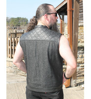Unik Black Denim Leather Quilt Concealed Pockets Club Vest #VM6676DGQK