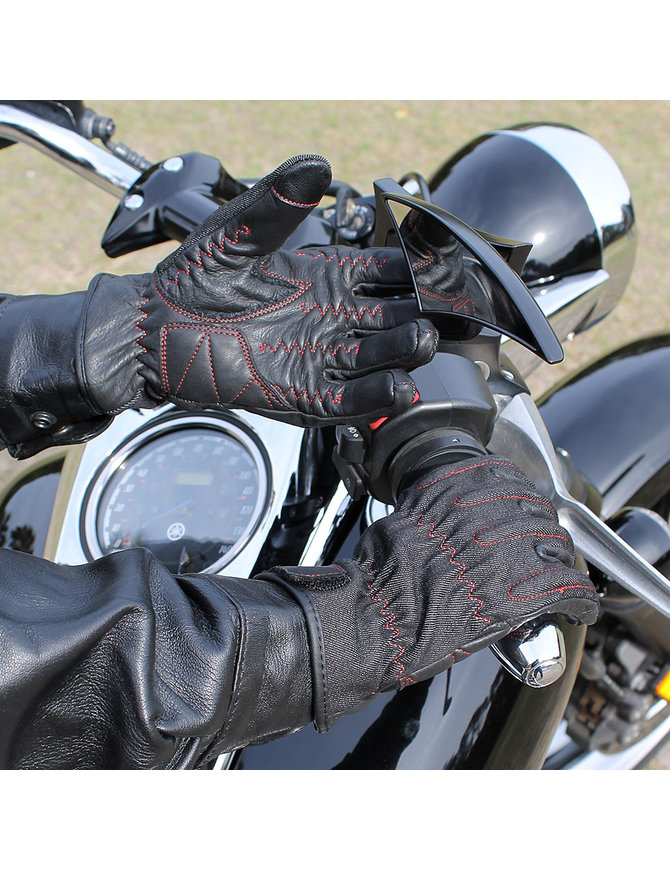 Red Stitch Denim & Leather Women's Motorcycle Gloves #G8168DR