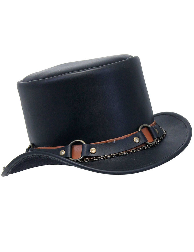 Jamin Leather® Black Leather Tophat w/Chains & Rings #H2208RCK