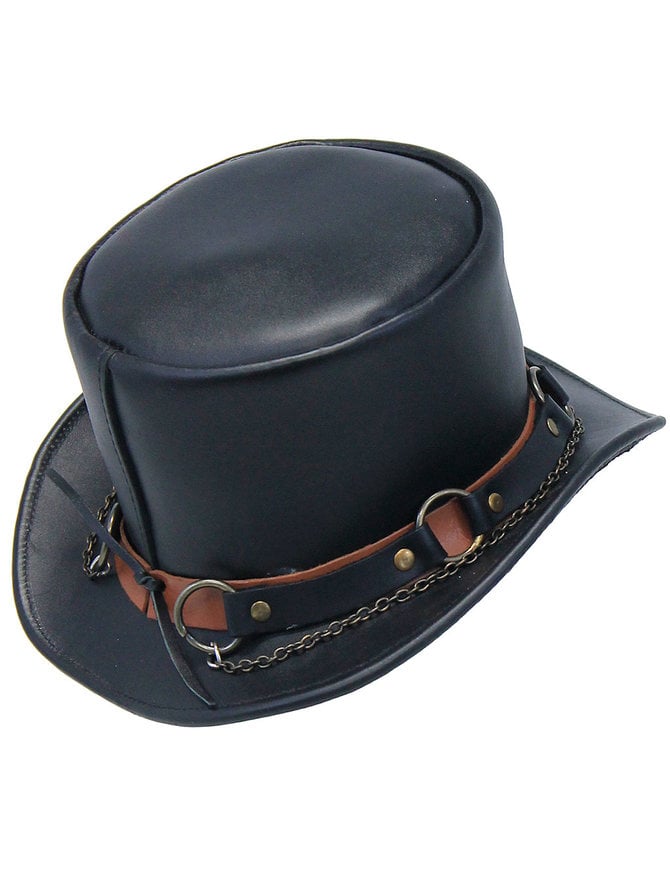 Jamin Leather® Black Leather Tophat w/Chains & Rings #H2208RCK