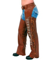 Brown Leather Chaps w/Fringe & Bone Beading #C4300FBN