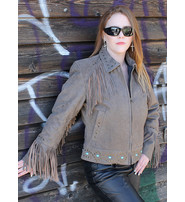 Jamin Leather Turquoise and Fringe Brown Leather Jacket for Women #L17081ZFTN