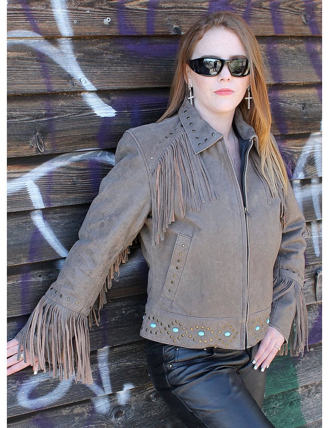 Jamin Leather® Turquoise and Fringe Brown Leather Jacket for Women #L17081ZFTN