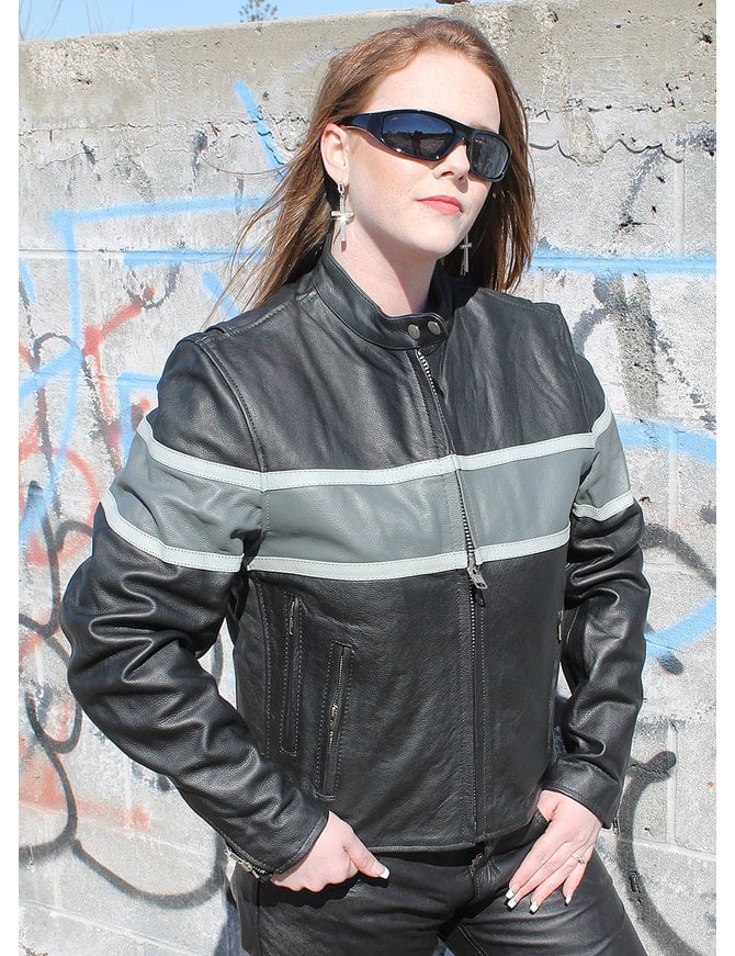 Vented Wide Gray Stripe Women's Motorcycle Jacket #L55718VZGY