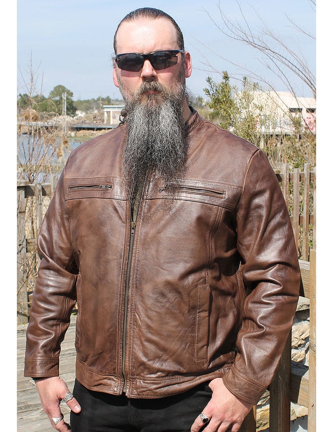 Leather biker jacket with mini monogram print brown - Men