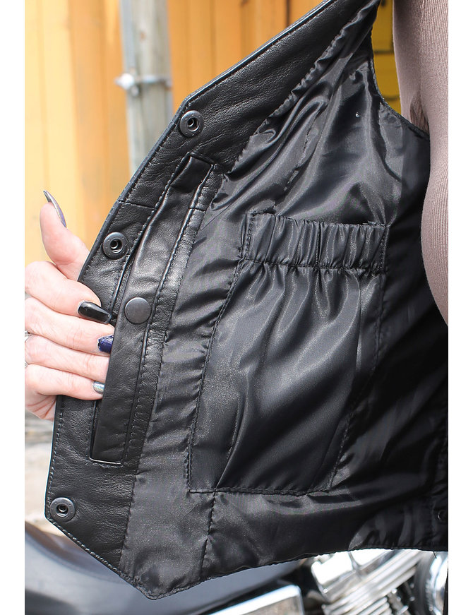 Women's Eyelet Lace Concealed Pocket Black Leather Vest #VL1038EYGK - Jamin  Leather®