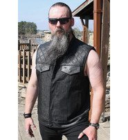 Unik Black Denim Leather Quilt Concealed Pockets Club Vest #VM6676DGQK