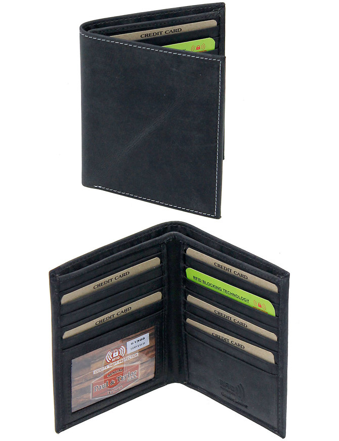 Tall Vintage Black Bifold RFID Wallet w/19 Compartments #WM13080KID