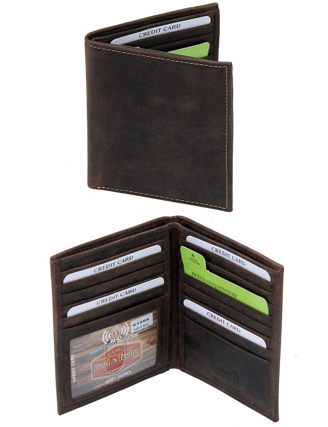 Tall Vintage Brown Bifold RFID Wallet w/19 Compartments #WM13081NID