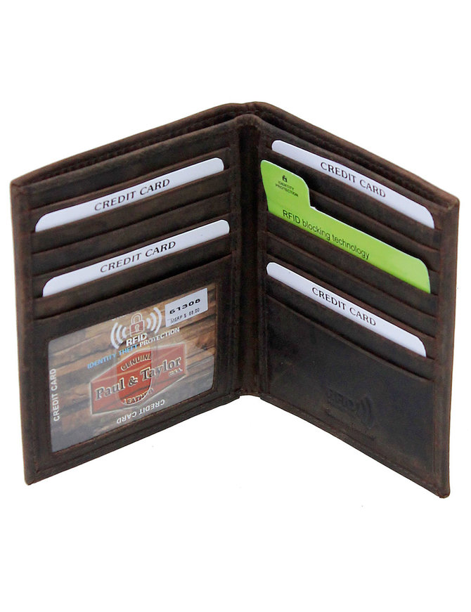 Tall Vintage Brown Bifold RFID Wallet w/19 Compartments #WM13081NID