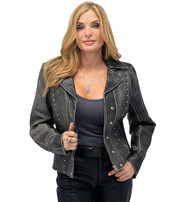 Jamin Leather® Rivet Trim Vintage Leather Motorcycle Jacket for Women #LA4041ZRDN