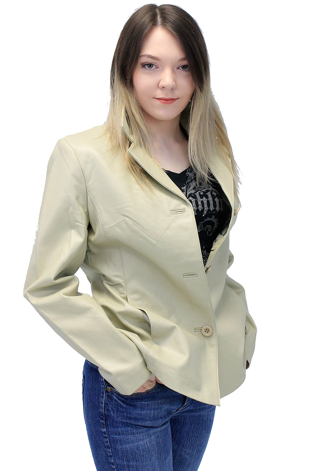 Sand Color Lightweight Women's 3 Button Leather Coat #L32BTT