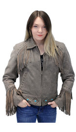 Jamin Leather® Turquoise and Fringe Brown Leather Jacket for Women #L17081ZFTN