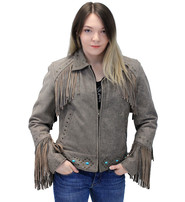 Jamin Leather® Turquoise and Fringe Brown Leather Jacket for Women #L17081ZFTN