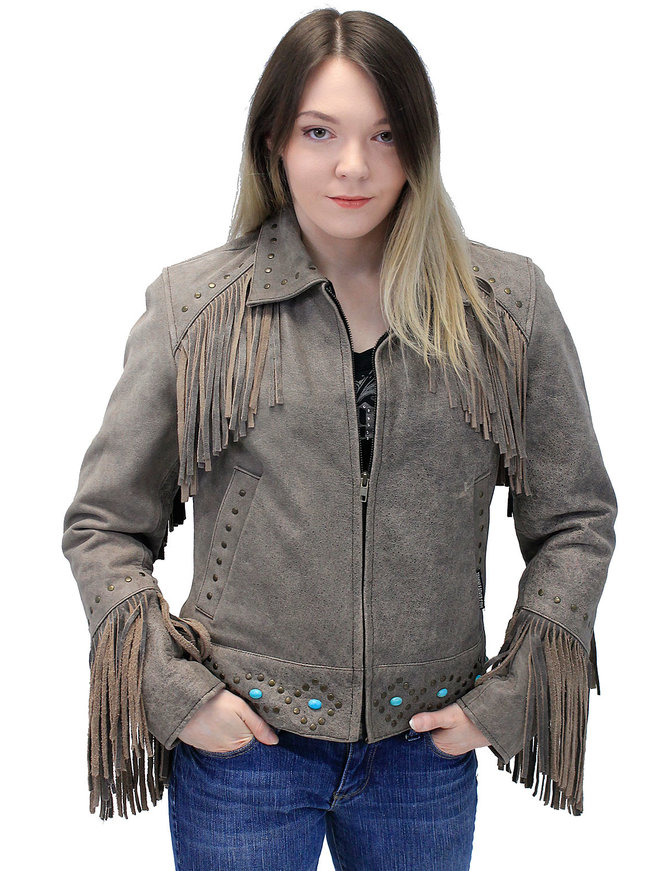 Jamin Leather® Turquoise and Fringe Brown Leather Jacket for Women #L17081ZFTN