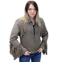 Jamin Leather® Turquoise and Fringe Brown Leather Jacket for Women #L17081ZFTN