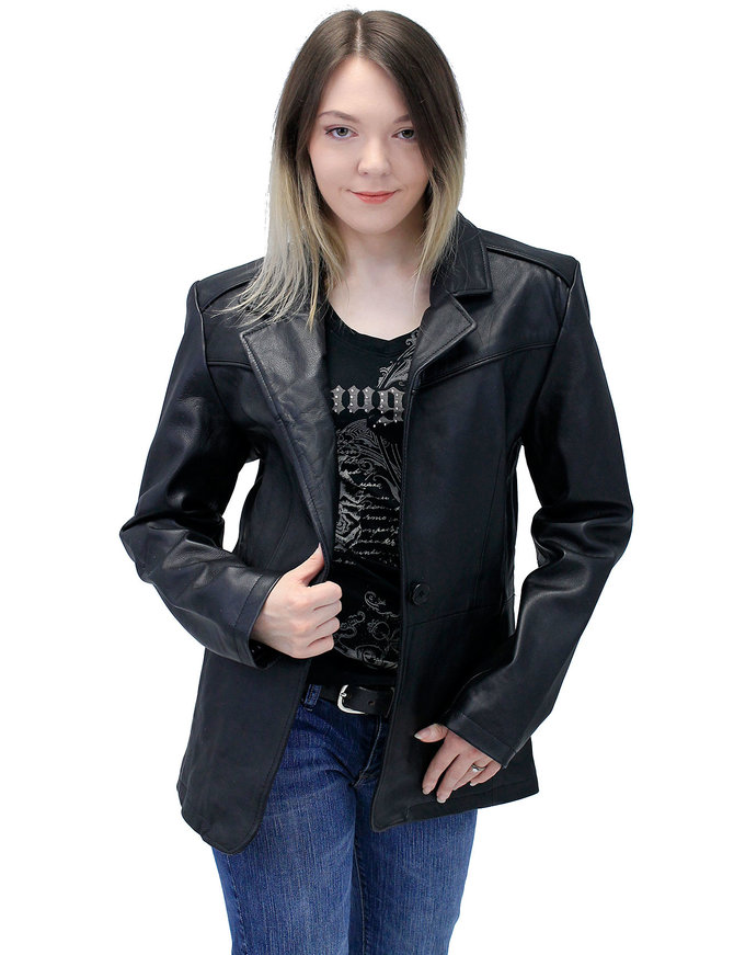 Single Button Black Premium Leather Blazer for Women #L1401510K