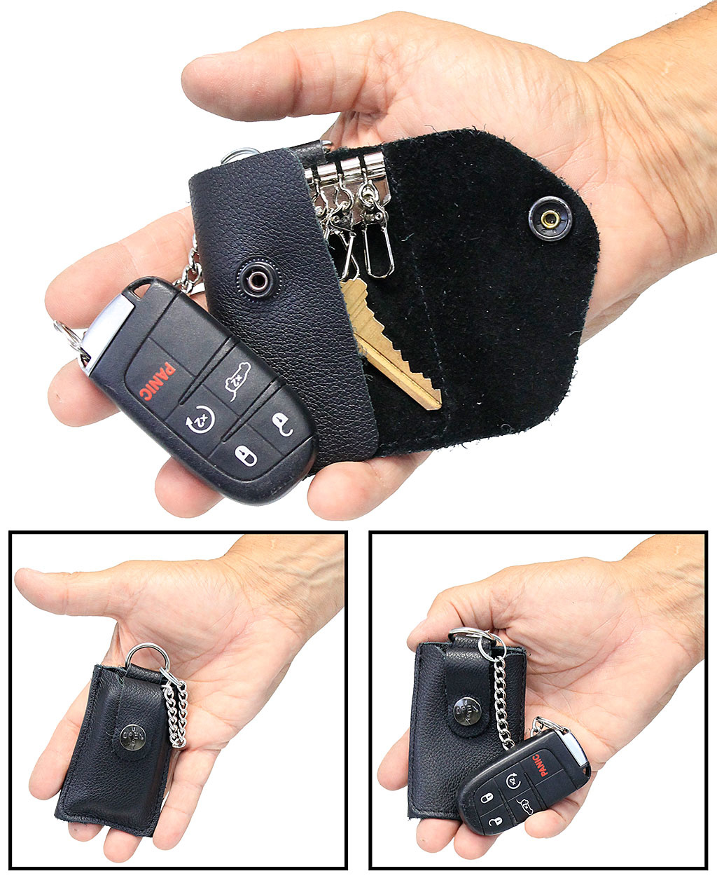 Genuine Leather Keychain Key Holder Ring with 6 Hooks Snap Closure